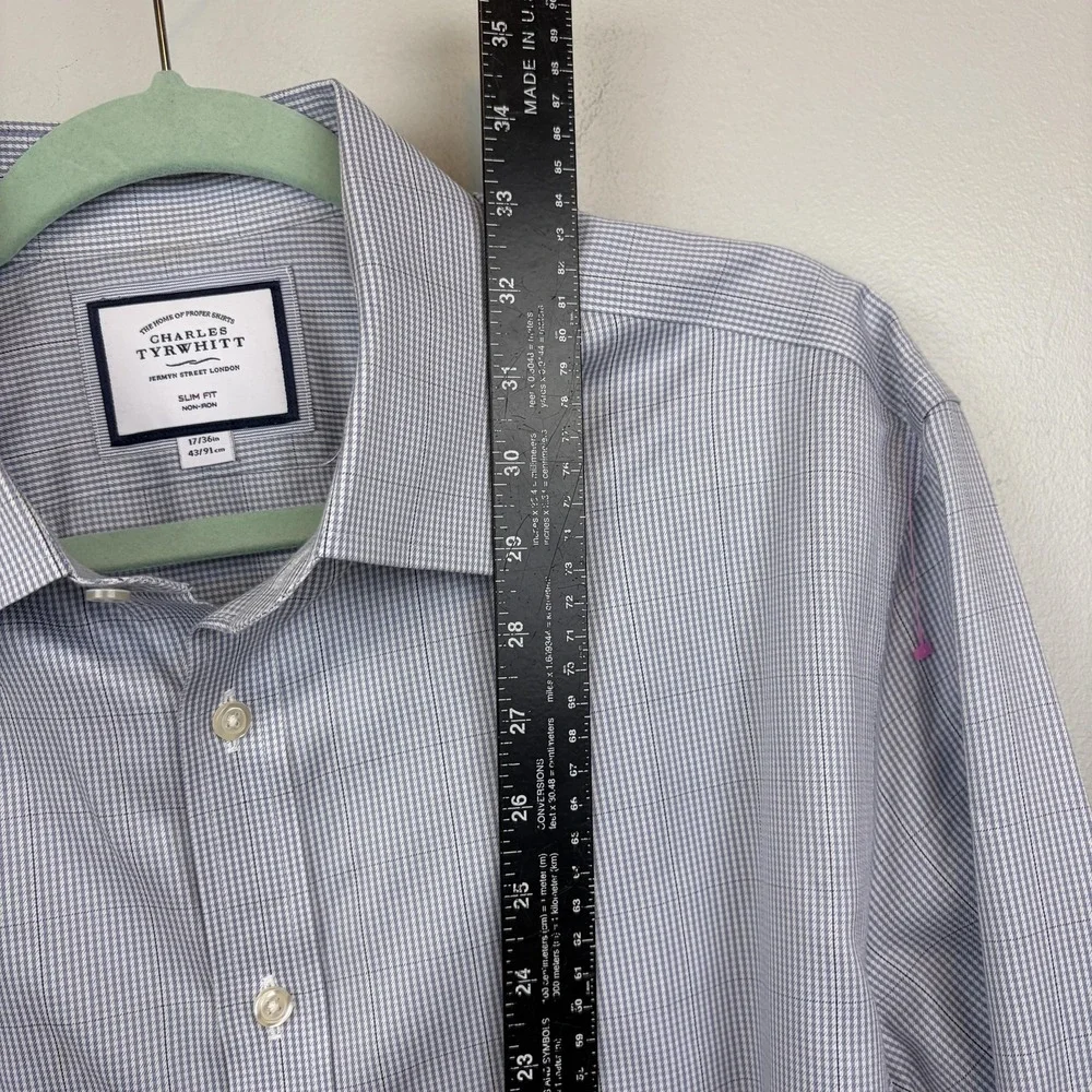 Charles Tyrwhitt Shirt‎ Mens 17/36 Blue Non Iron Slim Fit Gingham Check Dress